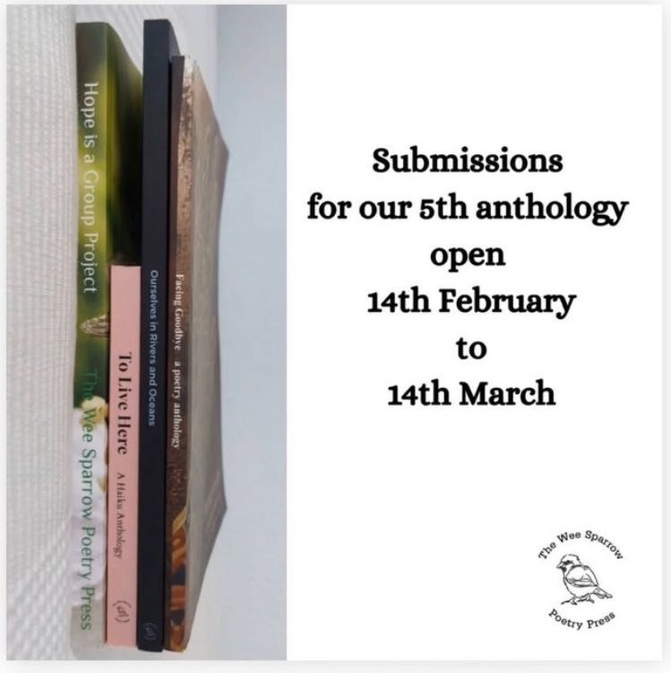 The Wee Sparrow Press 5th anthology call out is now live! Submissions open 14 Feb for a month. Guest edited by a very excited me, and Bronwen Evans (over on insta) sites.google.com/view/wwwthewee…. Send us your wee snapshot poems of the beautiful and overlooked.