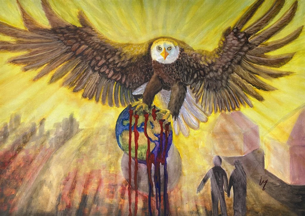 greyworldnomads's tweet photo. A bald eagle soars with the Earth as its prey, talons piercing the surface, spilling blood into the waters below. Dollar signs in its eyes reveal greed-driven destruction. A reflection on power and human suffering. #ArtWithAMessage #PoliticalArt https://t.co/FwtOVzKIWz