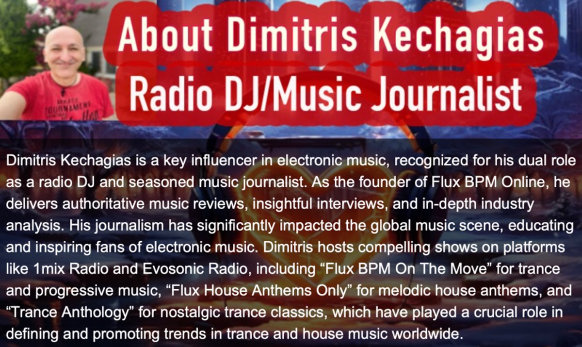 FluxBpmOnline's tweet image. Dimitris Kechagias is a key influencer in electronic music, recognized for his dual role as a radio DJ and music journalist. As the founder of @FluxBpmOnline he delivers authoritative music reviews, insightful interviews, and in-depth industry analysis. fluxbpmonline.blogspot.com/p/editorial.ht…