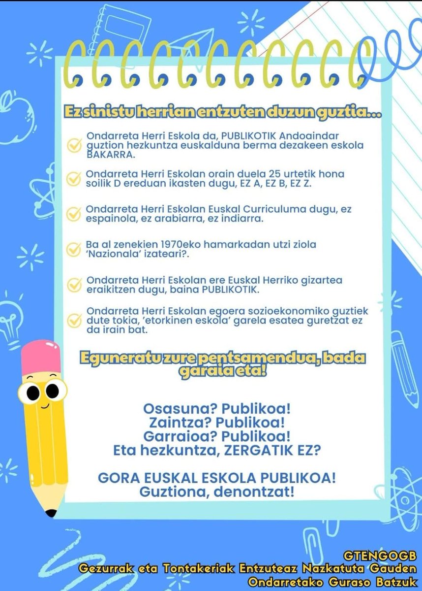 Eskola_Publikoa's tweet photo. Osasuna? Publikoa.
Zaintza? Publikoa.
Garraioa? Publikoa.
Eta Hezkuntza?
Eguneratu zure pentsamendua, bada garaia. #euskaleskolapublikoazharro https://t.co/VwRS2zWUi8
