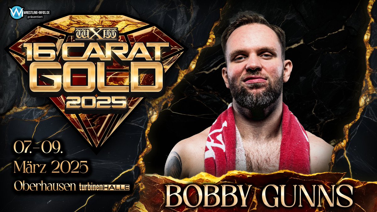 wXwGermany's tweet photo. Bobby Gunns komplettiert das Teilnehmerfeld für wXw 16 Carat Gold 2025!

Gestern Abend sicherte sich @BobbyGunns28 den allerletzten Spot für das prestigeträchtige Turnier auf der Road to 16 Carat Gold in Bielefeld!

Im Halbfinale setzte er sich gegen @aokiyuya_bjw durch, bevor er im Finale @StephMWrestling und @Fast_Time_Moodo besiegte. Damit steht Bobby Gunns zum zweiten Mal im #wXw16Carat Gold und wird alles daransetzen, als Sieger aus dem größten Turnier des europäischen Wrestlings hervorzugehen.

@Wrestling_Infos präsentiert:
wXw 16 Carat Gold 2025
📅 07.–09. März
📍 Turbinenhalle 1, Oberhausen

Verpasst nicht das größte Wrestlingfestival Europas!

🎟️ Tickets & Infos: Link in BIO