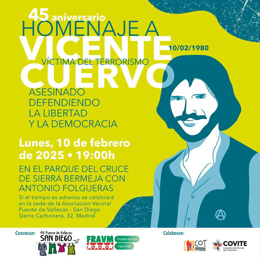 ConsuorF's tweet photo. Mañana se cumplen 45 años del asesinato de Vicente Cuervo a manos de terroristas de extrema derecha. 
Para mí es un honor que su familia me haya invitado a participar en este acto de homenaje, el primero en 45 años.

Si estás por Madrid y quieres acompañarnos, os recibiremos con los brazos abiertos.
Será  a las 19:00h. en el parque del cruce de Sierra Bermeja con Antonio Folgueras.
https://t.co/ubrqZGxVK7