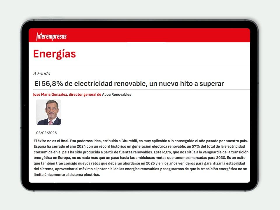 España cerró 2024 con un récord: el 56,8% de #electricidad generada con #renovables 🔌🌱 En <a href="/int_renovables/">Energía Eficiente</a>, José María González Moya (<a href="/jmgmoya/">Jose Maria González Moya</a>), DG <a href="/APPA_Renovables/">APPA Renovables</a>, reflexiona sobre los retos pendientes:

🔌 Electrificar la #demanda
⚡ Flexibilidad y #almacenamiento
🌱 Biogás e