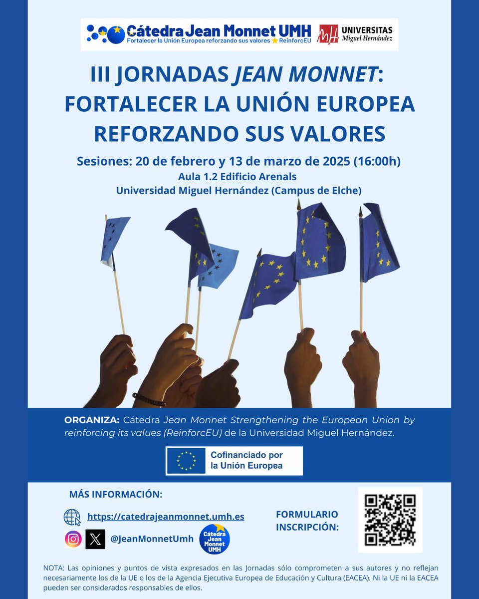 JeanMonnetUmh's tweet photo. 𝙄𝙄𝙄 𝙅𝙊𝙍𝙉𝘼𝘿𝘼𝙎 𝙅𝙀𝘼𝙉 𝙈𝙊𝙉𝙉𝙀𝙏: 𝙁𝙊𝙍𝙏𝘼𝙇𝙀𝘾𝙀𝙍 𝙇𝘼 𝙐𝙉𝙄𝙊́𝙉 𝙀𝙐𝙍𝙊𝙋𝙀𝘼 𝙍𝙀𝙁𝙊𝙍𝙕𝘼𝙉𝘿𝙊 𝙎𝙐𝙎 𝙑𝘼𝙇𝙊𝙍𝙀𝙎🇪🇺
🗓️1ª sesión: 20 febrero 2025
📍Aula 1.2 Edificio Arenals (Campus Elche)
🕔16:00
¡No te lo pierdas, inscríbete!
https://t.co/ytdCGIQ0Nb https://t.co/Mo1H2leqHA