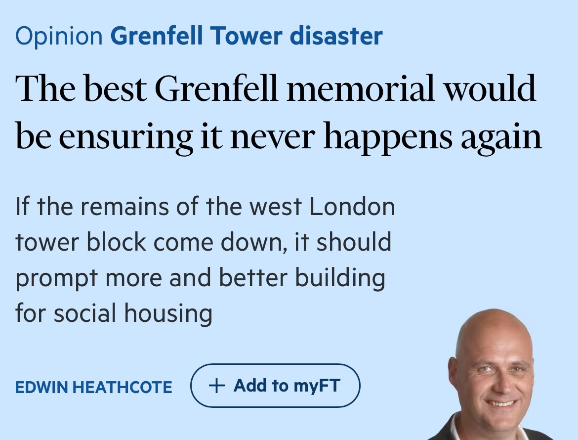 A thousand times this on Grenfell

“The real memorial to those who died would be a complete rewriting of the building regulations, which remain open to abuse, and a kick-start to social housebuilding”

By <a href="/edwinheathcote/">edwin heathcote</a> ft.com/content/094b5f…