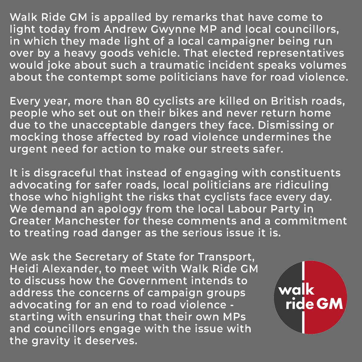 Statement from Walk Ride GM on the comments made by Andrew Gywnne MP and local councillors about a local campaigner