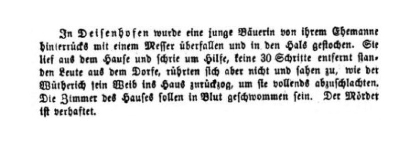 #Femizid
Nur eine der vielen, nahezu täglichen Meldungen – hier aus dem Jahr 1862. Diese hier besonders erschütternd, weil der Frau niemand geholfen hatte. Ich möchte ein Denkmal für auf solche Weisen ermordete Frauen. Wenn so etwas für 'den unbekannten Soldaten' möglich  ist...
