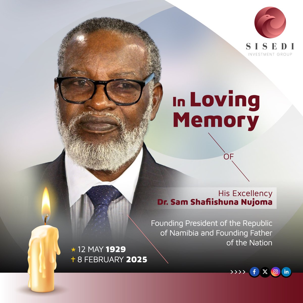 SisediG's tweet photo. We join the nation in mourning the passing of Dr. Sam Shafiishuna Nujoma, Namibia’s Founding Father. 

Rest in power, Your Excellency 🕊️

#RIPDrSamNujoma #NamibiaMourns #LegacyOfALeader https://t.co/E1Anfv3awU