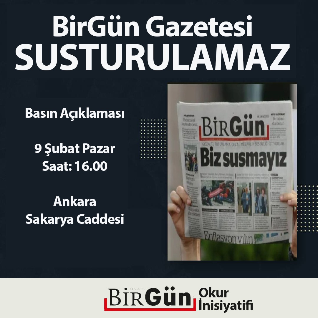 Gençliğin sesi, halkın gazetesi BirGün susturulamaz!

📢 BirGün okurlarının çağrısıyla bugün 16.00'da Sakarya Caddesi'ndeyiz.