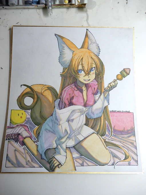 【アナログ2258:ジャージとおでん】今日もおでん。#水彩 #原画 #色紙 #狐娘 
