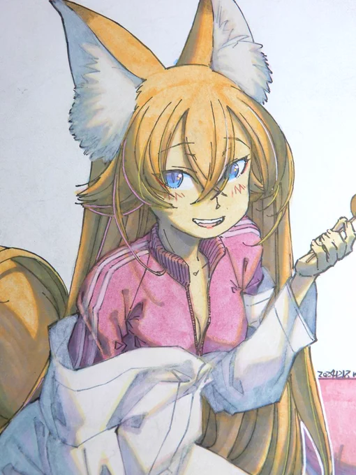 【アナログ2258:ジャージとおでん】今日もおでん。#水彩 #原画 #色紙 #狐娘 