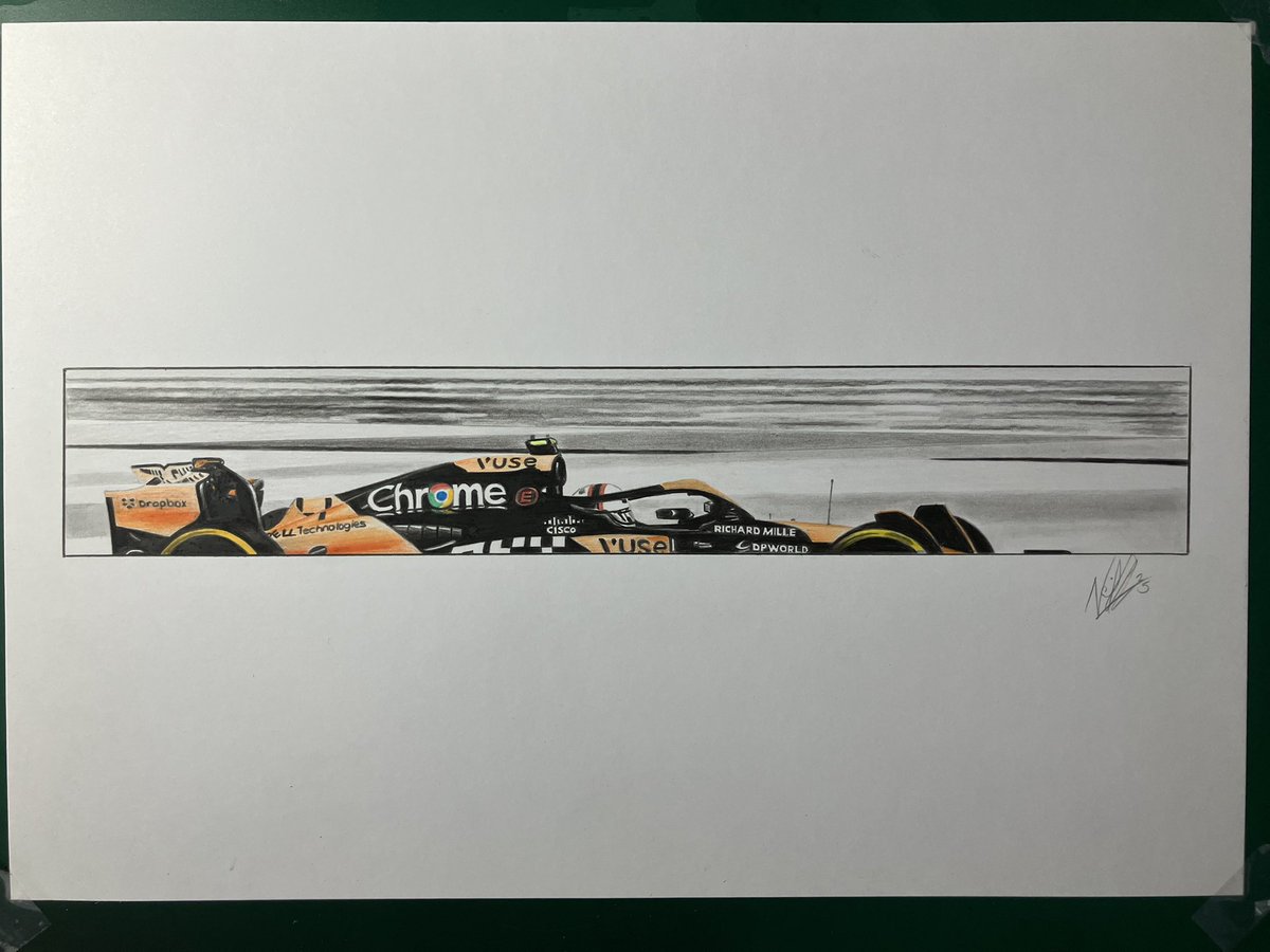 NGAutoArt's tweet photo. Come on, #LN4 fans! Where are you? This is a rare piece - Lando is wearing the colours of  the late Gil de Ferran in pre-season testing, almost a year ago. This is a “From the Fence” drawing, it’s A3 sized and £125+p&amp;p if you’d like it. 🧡

#LandoNorris #F1 #McLaren #rslstudio https://t.co/fbL6hTKzhJ