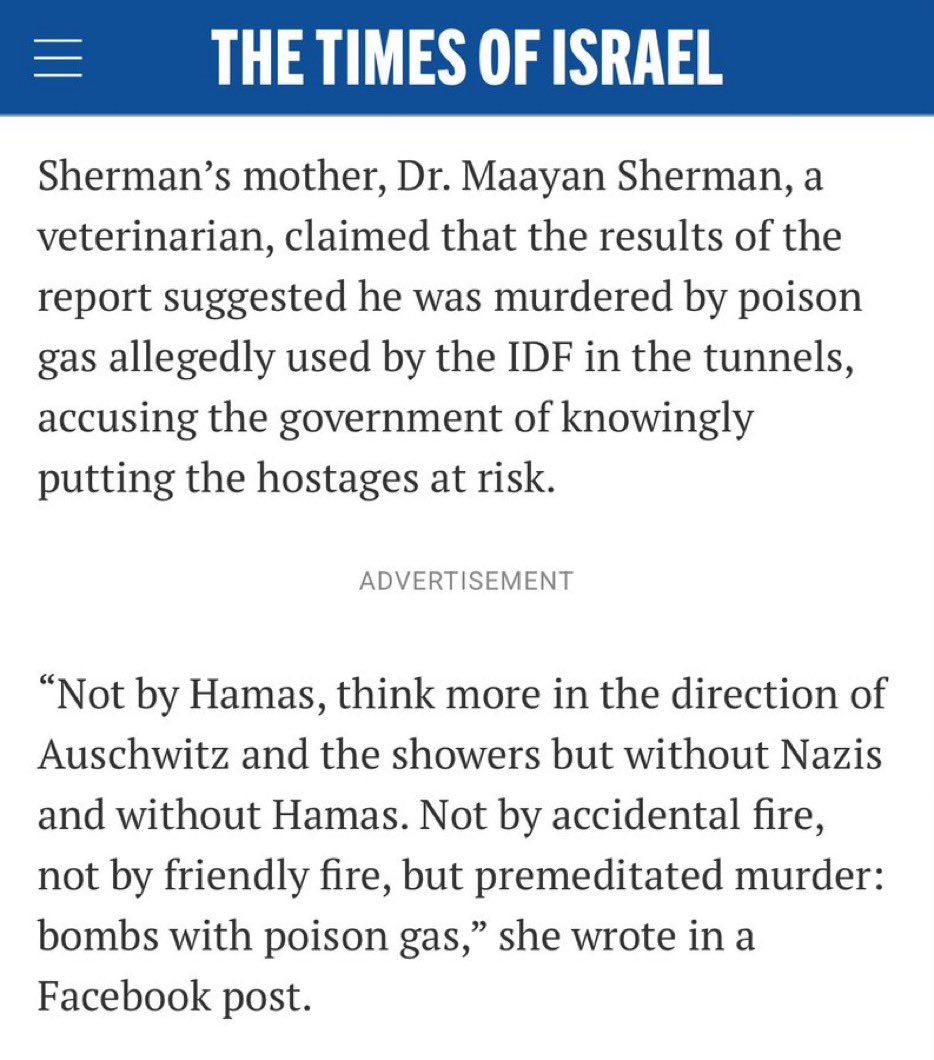 propvstruth's tweet photo. Statement by the mother of one of the soldier hostages that were intentionally gassed to death in Gaza, by the IDF: 

Btw they also told his mother they knew the whereabouts of her son the entire time. https://t.co/jaiZkmY8hY