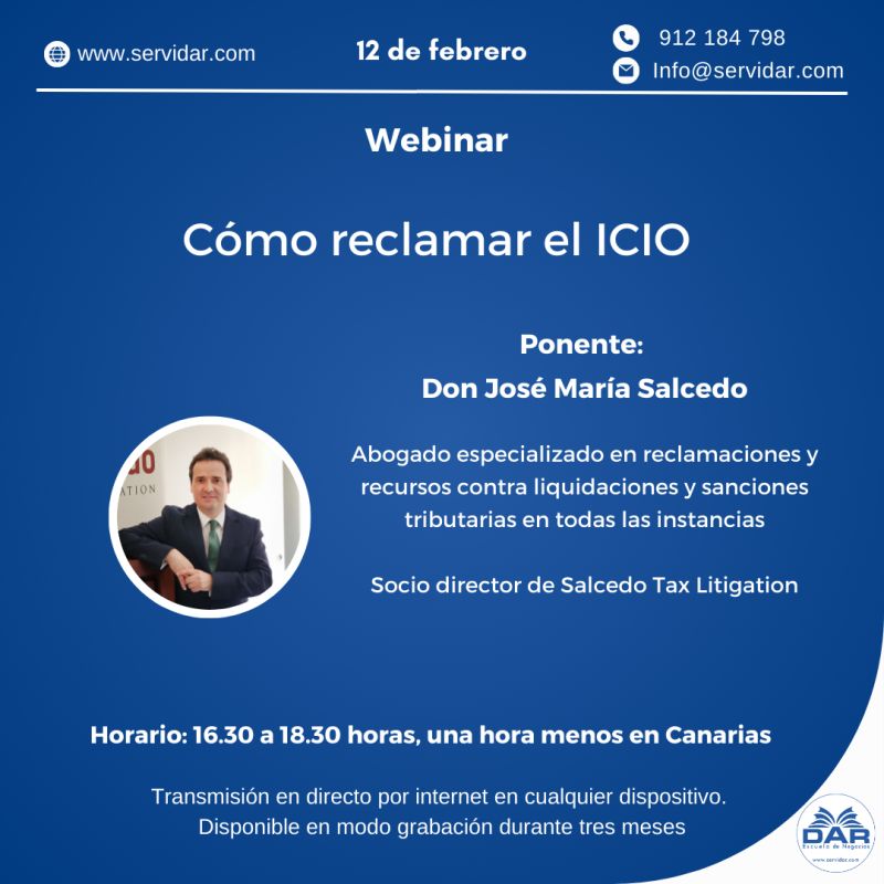 jm_salcedo's tweet photo. #SalcedoWebinar | 🧐 Vías para anular el ICIO y obtener la devolución de lo pagado
🗓️ Miércoles 12 de febrero, de 16:30 a 18:30 horas.
💻 Online, organizado por @EscuelaDAR
📢 Hablaré sobre la liquidación provisional y definitiva, la prescripción, la externalización de la comprobación del ICIO, y de la falta de acuerdo de imposición y de vía económico-administrativa en el municipio.
✅ Inscripciones aquí: https://t.co/cobqh1XhQW
🎯 #SalcedoTaxLitigation