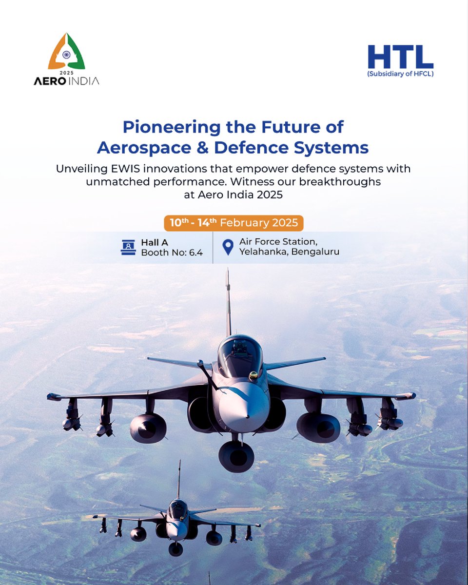 htl_limited's tweet photo. Witness #HTL’s cutting-edge Electrical Wiring Interconnect Systems (EWIS) at Aero India 2025, shaping the future of Aerospace & Defence.
📍 Join us from 10-14 Feb at Air Force Station, Yelahanka, Bengaluru.
Stay tuned for more updates!
#AeroIndia2025 #DefenceInnovation #EWIS https://t.co/6XDCWQ4Mxz