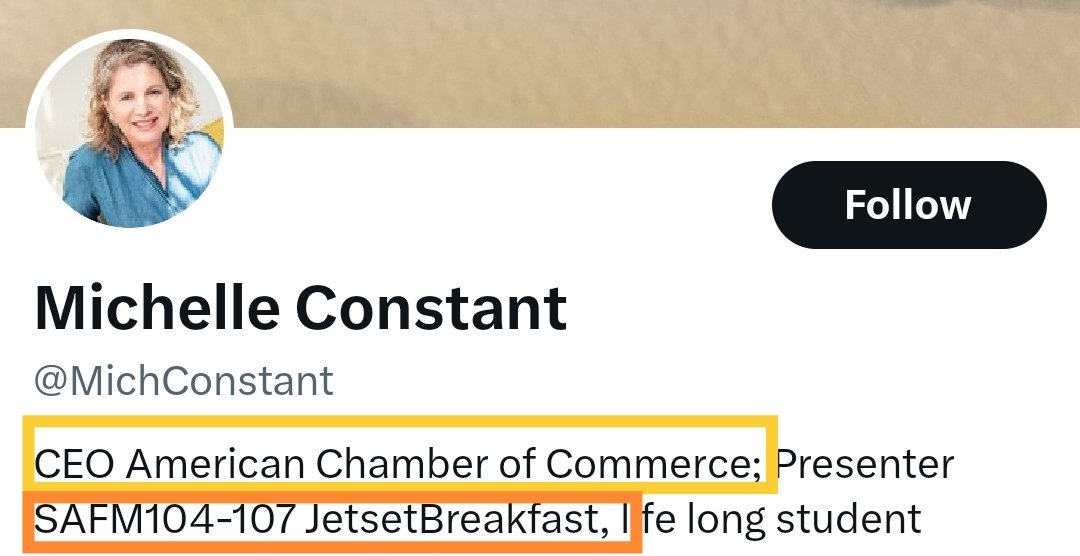 Michelle Constant is the CEO of the US Chamber of Commerce in South Africa: why does she have a radio show on the public broadcaster? 🤔

Was she also appointed [like Mpofu-Walsh] through a dodgy process by that SABC executive who didn't take his SSA lie detector test?