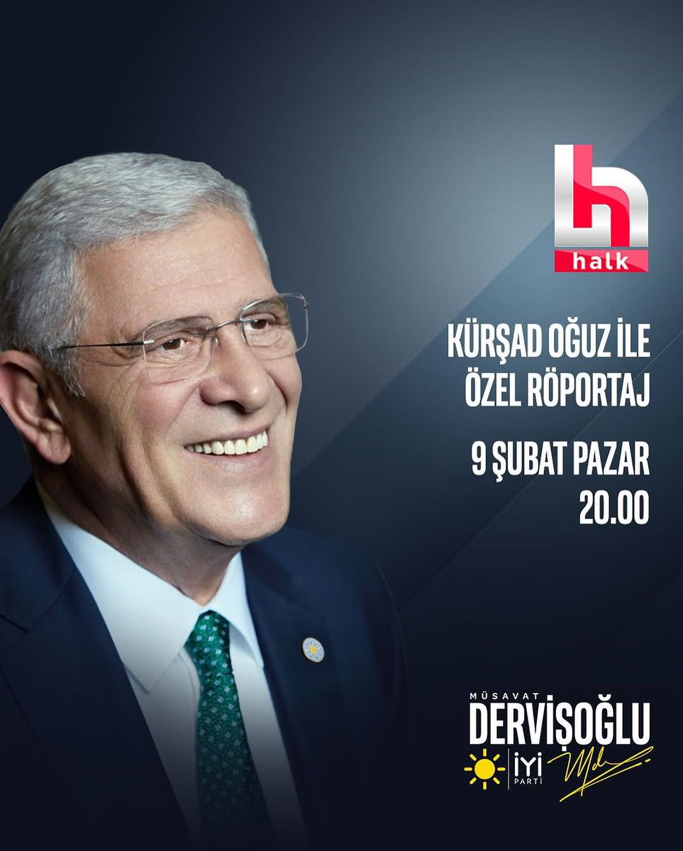 Genel Başkanımız Sayın Müsavat Dervişoğlu <a href="/MDervisogluTR/">Müsavat Dervişoğlu</a>;

🗓️ 9 Şubat Pazar (bugün)
⏰ 20.00'de
📺 Halk TV ekranlarında

Kürşad Oğuz ile #ÖzelRöportaj'a konuk oluyor.

Sizleri de ekran başına bekliyoruz.☀️
<a href="/iyiparti/">İYİ Parti</a> <a href="/MDervisogluTR/">Müsavat Dervişoğlu</a> <a href="/KevserOfluoglu/">Kevser Ofluoğlu</a>