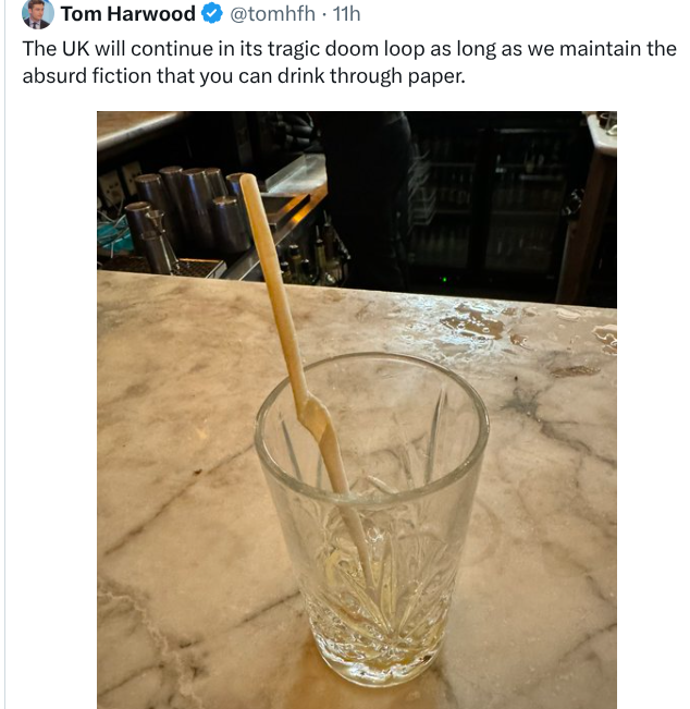Here's Tom proving paper straws don't work by showing us a paper straw in a glass he has just emptied using a paper straw.