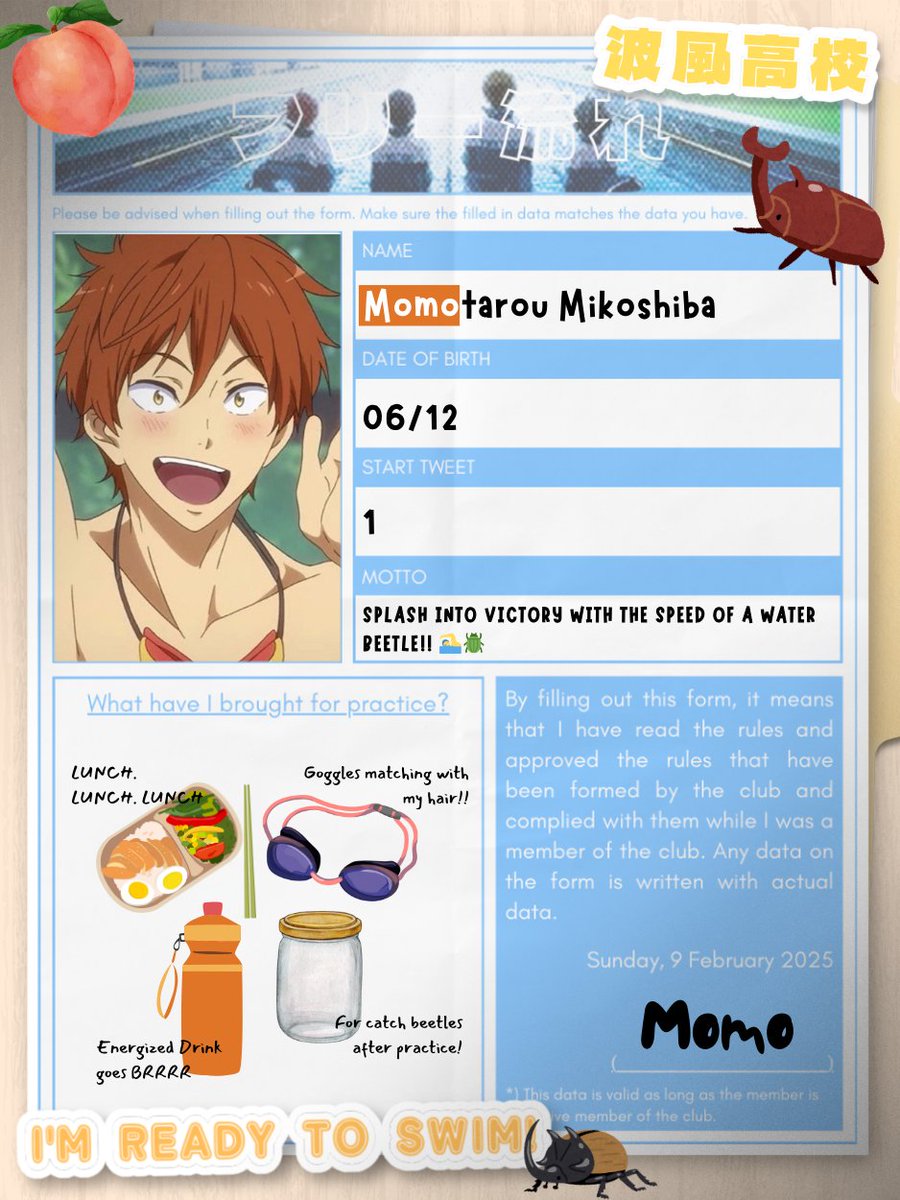 MomoSwims's tweet photo. @FuriiNagare HEYYYYY‼️ The name's Momotaro Mikoshiba, but feel free to call me Momo for short! Wouldcha like to search bettles together?! ★__★ https://t.co/JsnZxbZypG
