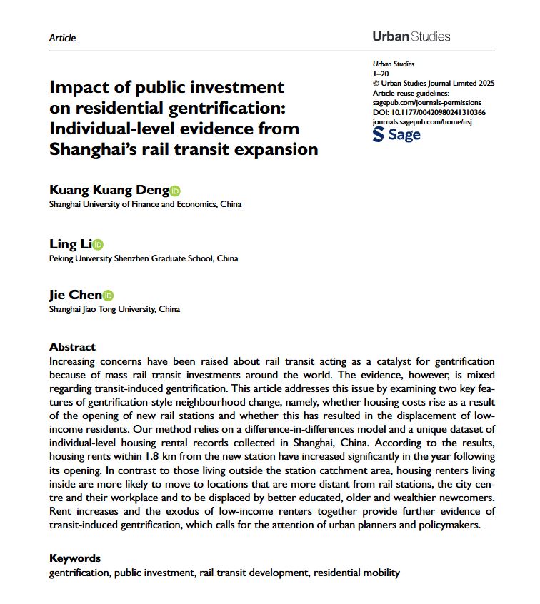 USJ_online's tweet photo. New article contributes to the literature on transit-induced #gentrification by using individual-level data to examine the negative effects of #RailTransit investments on #housing renters
https://t.co/Wg4LFITxKB
#ResidentialMobility #TransitDevelopment #Shanghai https://t.co/5OphwGQq1y