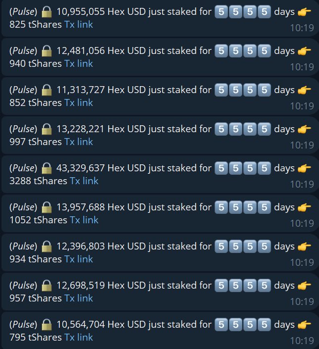 Ishiki_Crypto's tweet photo. $HEX OA Daughter wallets 5555 staking, further reducing yield on stakers and making $HEX more scarce. 

Only 500M left for sale. 

THE PUMP IS LOADING 🚀

Now can we just all agree to stop the jeeting and enjoy the pumps? 

If you’re here for a 2, 3 or even 5x, just buy $ETH. https://t.co/1jj4uufSe0