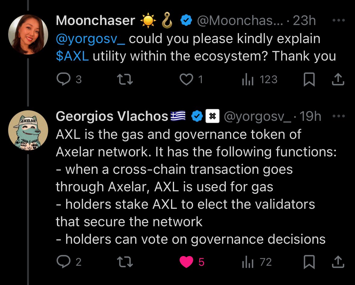 Keep an eye on cross-chain interoperability protocols such as <a href="/axelar/">Axelar Network</a> 

Axelar 2025 integrations:
🔸XRP Ledger 
🔸Sui
🔸Hedera
🔸Flow
🔸Solana 
🔸Stacks 
🔸Stellar &amp;…

#AXL connecting cults 🤝😂

<a href="/yorgosv_/">Georgios Vlachos🇬🇷</a>