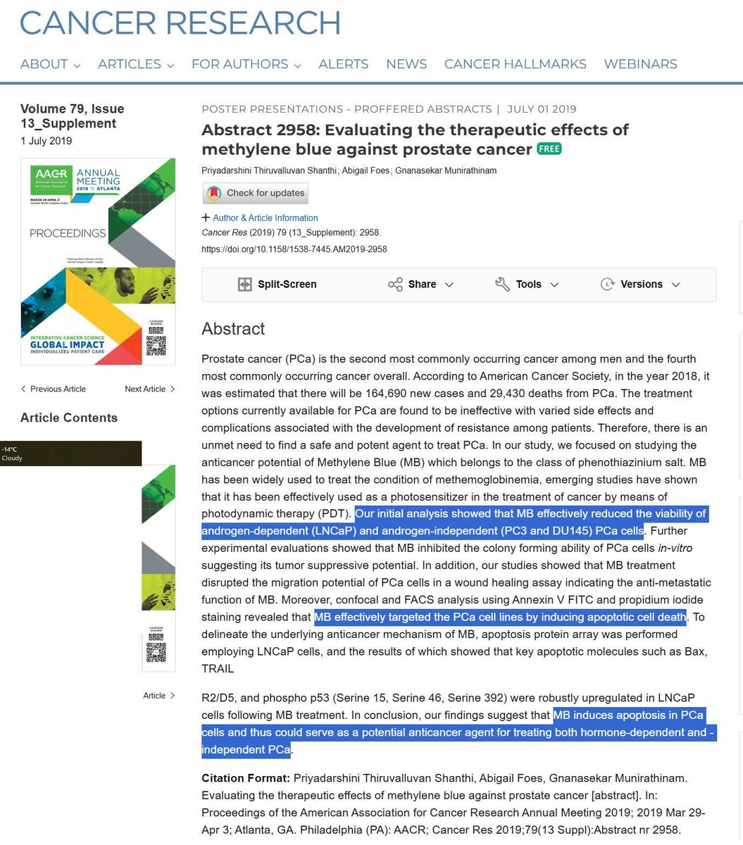 MakisMedicine's tweet photo. NEW ARTICLE: METHYLENE BLUE in PROSTATE CANCER (androgen-dependent and androgen-independent)

A few years ago there was an abstract presentation at the 2019 AACR Annual Meeting - American Association for Cancer Research

Shanti et al, looked at Methylene Blue in Prostate Cancer.

Highlights:

Methylene Blue effectively reduced the viability of androgen-dependent (LNCaP) and androgen-independent (PC3 and DU145) Prostate Cancer cells

Methylene Blue inhibited the colony forming ability of Prostate Cancer cells in-vitro suggesting its tumor suppressive potential

Methylene Blue treatment disrupted the migration potential of Prostate Cancer cells in a wound healing assay indicating the anti-metastatic function of MB

Methylene Blue effectively targeted the Prostate Cancer cell lines by inducing apoptotic cell death

Key apoptotic molecules such as Bax, TRAIL R2/D5, and phospho p53 (Serine 15, Serine 46, Serine 392) were robustly upregulated in androgen-dependent LNCaP cells following MB treatment.

“In conclusion, our findings suggest that MB induces apoptosis in Prostate Cancer cells and thus could serve as a potential anticancer agent for treating both hormone-dependent and -independent Prostate Cancer”

My Take….

This is a special “Methylene Blue in Cancer” week in my newsletter, where I will explore the various research that has been done in the past few years and I will propose a Methylene Blue dosing plan by next weekend.

Although this was an abstract presentation, it was nonetheless a very interesting one.

We are still learning about the mechanisms of action of methylene blue on cancer cells but as we’ve seen with Ivermectin and Fenbendazole, it appears that numerous mechanisms are in play.

There is much more to come, so stay tuned!

Article Link in photo to avoid shadowban, just re-type the URL in the first photo at the top, into your browser to access.