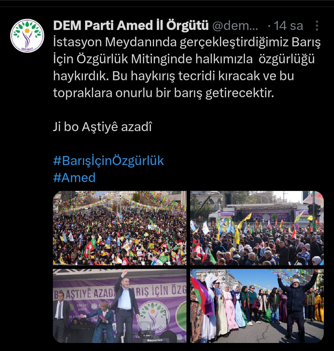 Barış gibi erdemli bir hususu korsan mitinglerle dizayn etmeye çalışmak akıl kârı değildir.

Kürtler üzerinden muktedir olmaya çalışanların, kan deryasına çevirdiği bölgede, barışın kapılarını aralamak adına Kürt meselesi üzerinden gelişen diyalog süreci bu şekilde yürütülemez.