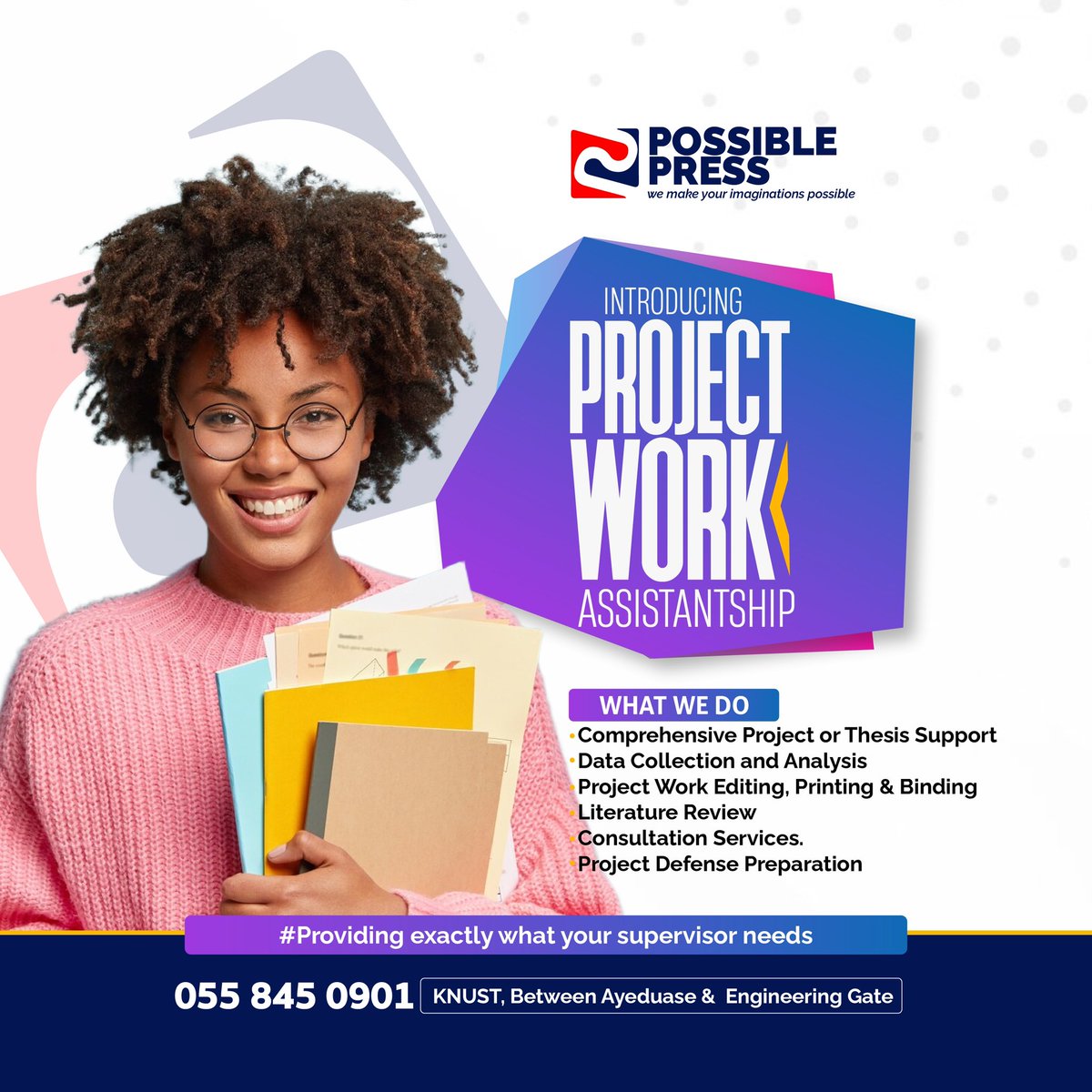 KOJOOPPONG20's tweet photo. Happy Day, 
Stressed about your final thesis? 
Possible Press empowers you to fulfill your academic dreams. We offer comprehensive project work support, data collection and analysis, expert guidance, and editing  and printing,  crafted to perfection for your unique research. https://t.co/axbdB9hHex