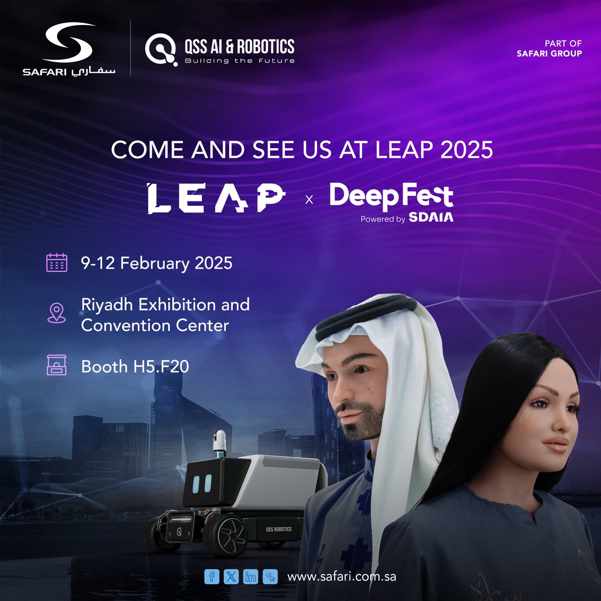 SafariGroup1's tweet image. سعداء بأن نكون جزءًا من فعاليات LEAP 2025، متحمسين لمشاركة خبراتنا، واستكشاف فُرص جديدة للنمو والتعاون، 

حياك معنا في LEAP 2025 وشاركنا العمل على تشكيل مستقبل الخدمات الذكية والحلول القائمة على التكنولوجيا.

@qltyss 

#LEAP25 #IntoNewWorlds #SaudiTech #AIandRobotics