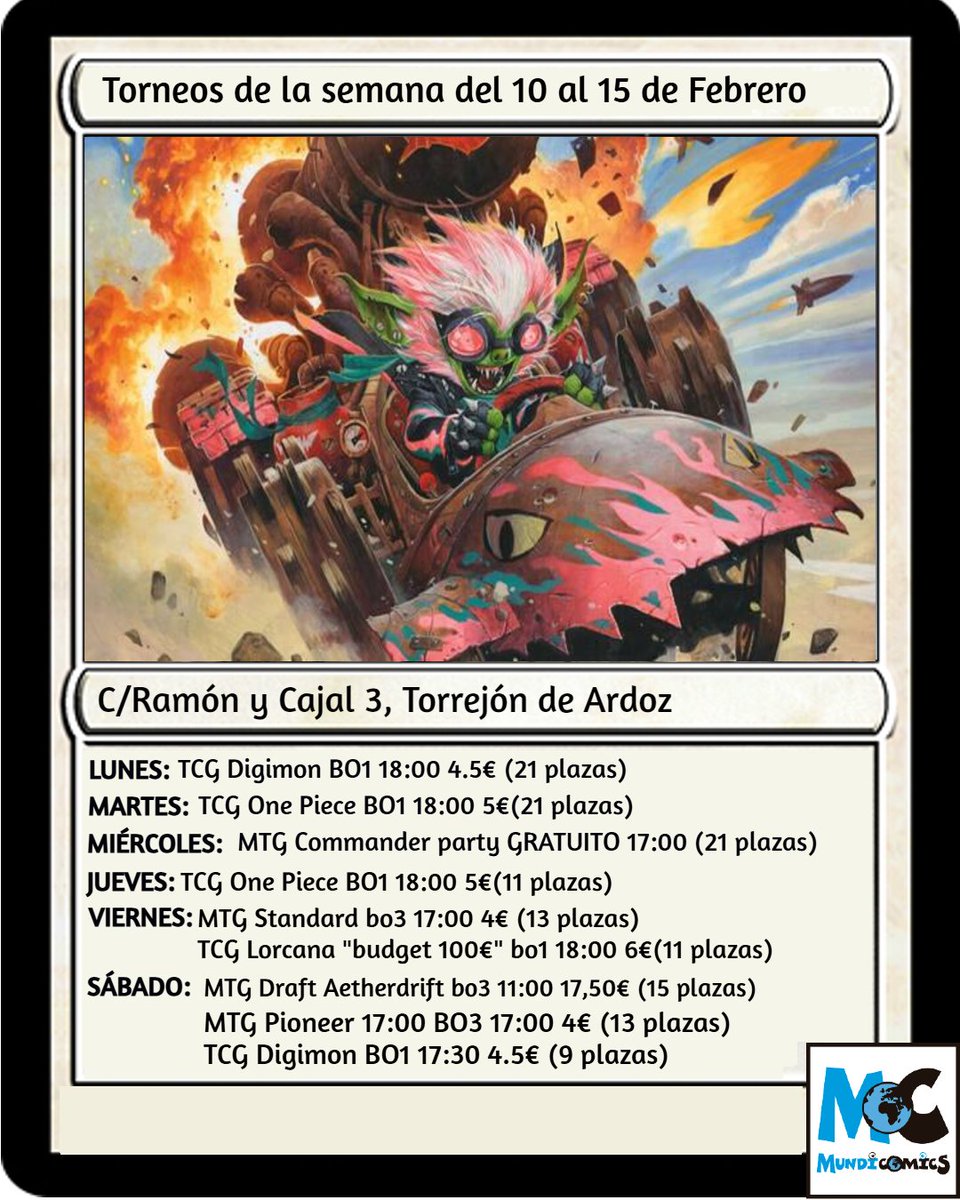 MundicomicsInfo's tweet photo. Ya tenemos los eventos del 10 al 16 de Febrero. Esta semana VUELVEN LOS DRAFTS de Mundicomics!!

#draftmtg #torrejondeardoz #mundicomics https://t.co/WkzAVCI5c0