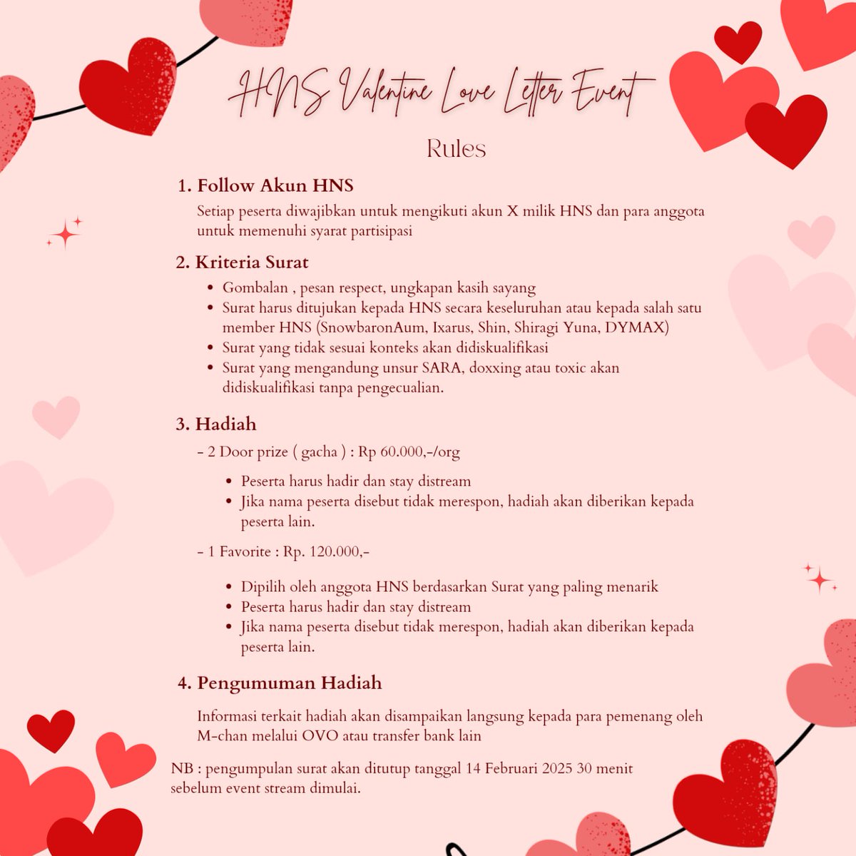 SnowbaronAum's tweet photo. 🎮💖 HNS VALENTINE STREAM! 💖🎮

📅 14 Feb 2025 | ⏰ 19:30 WIB
📍 LIVE di HyperNoobSquad HNS!
🔥 Ikuti Event dapatkan Hadiahnya 
🔴 Tonton di sini: https://t.co/M3MPRxP9dU
💝 Ikut event? Daftar di sini:
📩 https://t.co/dFpyqMizKR
Jangan sampai ketinggalan! 🎮 #HyperNoobSquad https://t.co/DOa4dM2Y8F