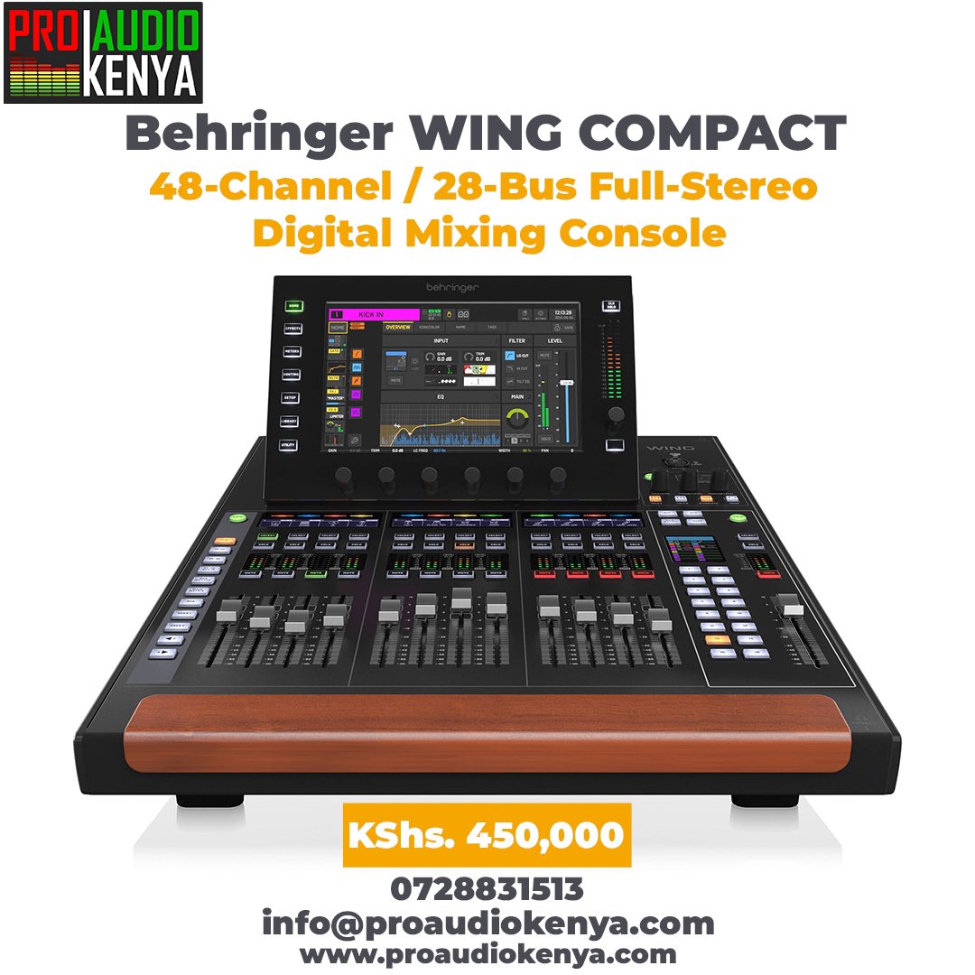 ProAudioKenya's tweet photo. Elevate your production to a new level with the black Behringer WING COMPACT, a 40-channel, 28-bus full-stereo digital mixing console with 12+1 motorized faders, a large, 10" capacitive touchscreen interface, and touch-sensitive rotary controls for a new ease of operation. https://t.co/wO3CYy861s
