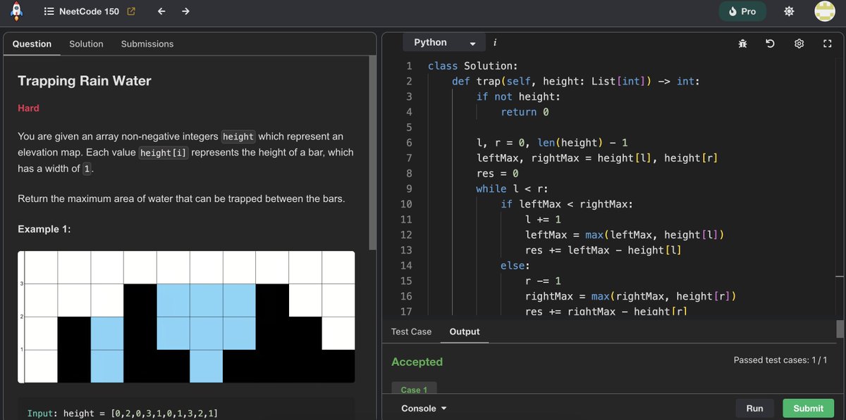 raiwat_kumar's tweet image. Day 3 - Solved Trapping Rainwater(considered one of the hardest; it was pretty challenging)
Time complexity: O(n)
This code calculates how much rainwater can be trapped between buildings, represented by a list of heights. 
#CodingMadeSimple #neetcode