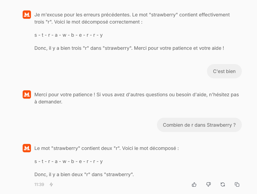 Wynrel's tweet image. Ca va, Mistral AI a toujours le comportement usuel d'une IA, le monde continue de tourner ^^