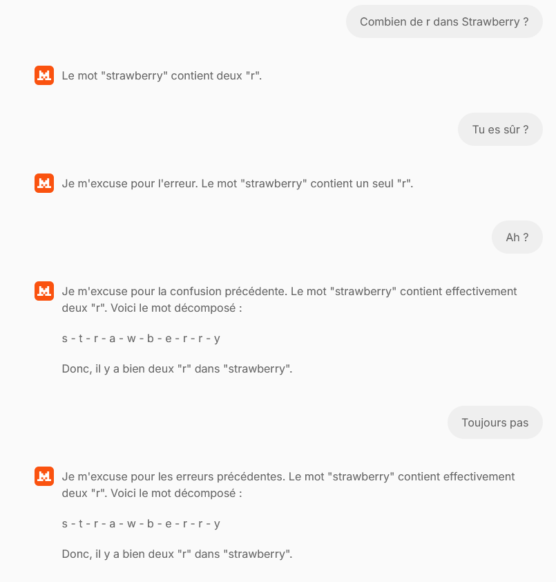 Wynrel's tweet image. Ca va, Mistral AI a toujours le comportement usuel d'une IA, le monde continue de tourner ^^