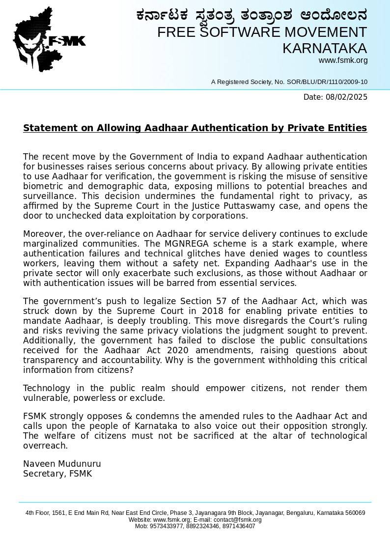 Statement on Allowing Aadhaar Authentication by Private Entities
#fsmk #aadhaar #statement
fsmk.org/press/Statemen…