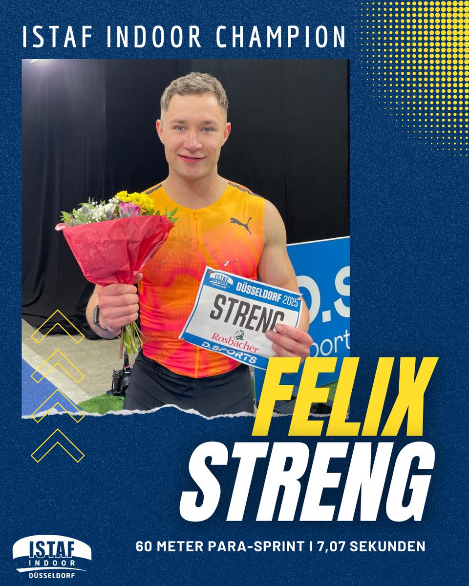 ISTAF INDOOR Düsseldorf
Men - 60 m Para
1. Felix Streng 🇩🇪 7,07 sec (PB)
2. Olivier Hendriks 🇳🇱 7,42 sec
3. Fabio Bottazzini 🇮🇹 7,53 sec

#istafindoor #istaf #weltklasseleichtathletik #leichtathletik #trackandfield #athletics
