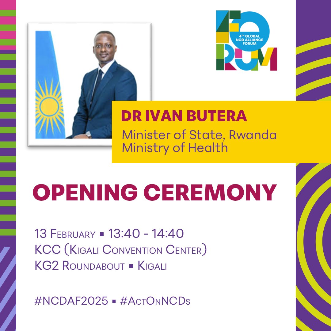 Correction: Dr Ivan Butera, <a href="/RwandaHealth/">Ministry of Health | Rwanda</a>, will be joining our Opening Ceremony, taking place on 13 February, 13:40-14:40, instead of Opening Plenary 🎉 

#NCDAF2025 <a href="/RwandaNCDA/">Rwanda NCD Alliance</a> <a href="/HelmsleyTrust/">Helmsley Charitable Trust</a> 

Please check the official Forum programme here: forum.ncdalliance.org/programme/

Apologies