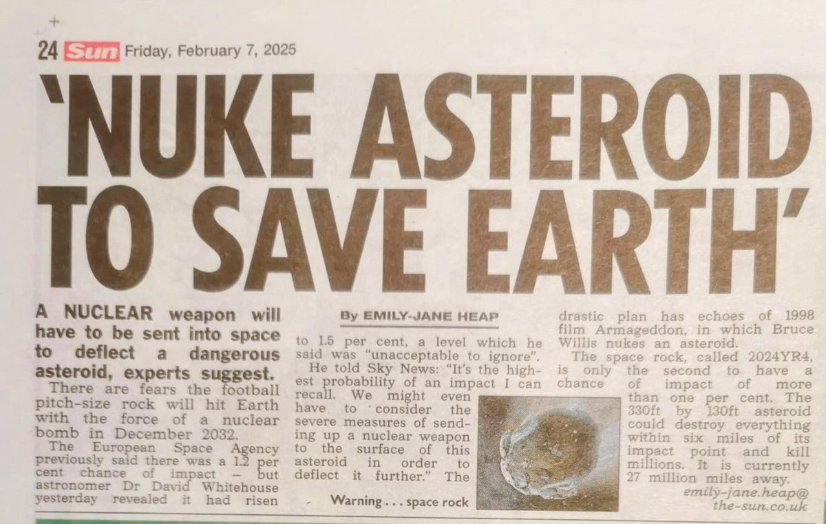 RobinBoardmanUK's tweet photo. The Sun newspaper screams about a 1.5% asteroid risk in 2032βmeanwhile, the real "end of the world" (climate breakdown) gets daily denial and downplay. Priorities? https://t.co/RsAa7611u4