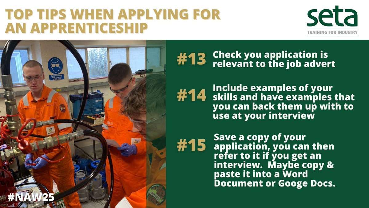 SETASouthampton's tweet photo. 🎯Top tips when applying for an apprenticeship Day Five!
#NAW2025 #Apprenticeshipswork #engineering #skillstrainingforlife https://t.co/ZEBeDxJCNz