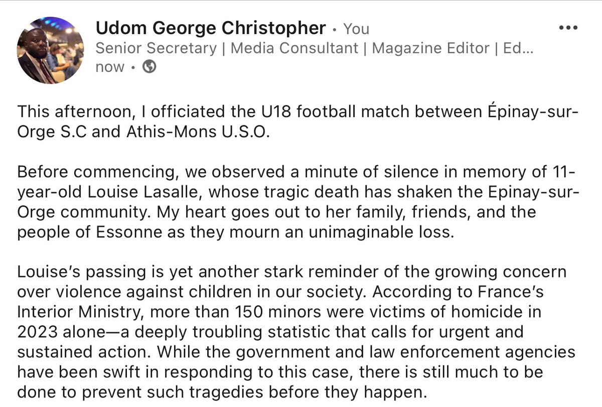 F_whistleblower's tweet photo. This afternoon, I officiated the U18 football match between Épinay-sur-Orge S.C and Athis-Mons U.S.O. 

Before commencing, we observed a minute of silence in memory of 11-year-old Louise Lasalle, whose tragic death has shaken the Epinay-sur-Orge community . RIP #louislasalle🕊️🕊️ https://t.co/vS0RRNqs2g