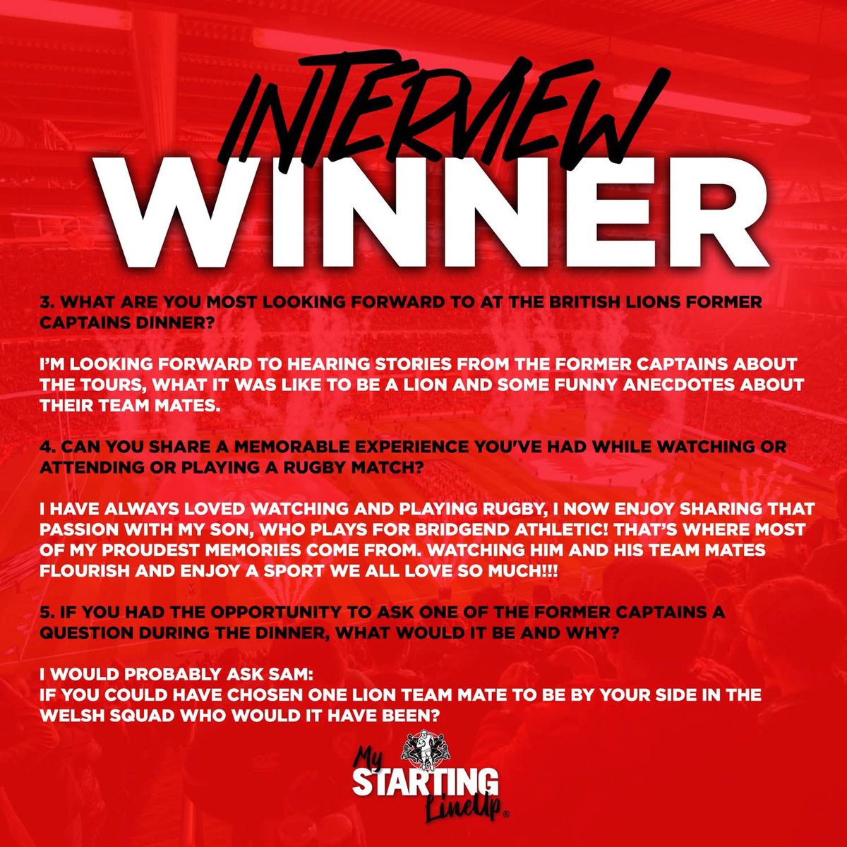 glennwebbe's tweet image. WE HAVE A WINNER!Congratulations Kyle Gibbs – he’s the winner of Round 2 with his spot-on prediction of Wales v Italy. Lineup

He wins 2 x Tickets to the Lions Captains Dinner with legends Alun Wyn Jones, Sam Warburton, and Martin Johnson. A 3-course meal and an overnight stay