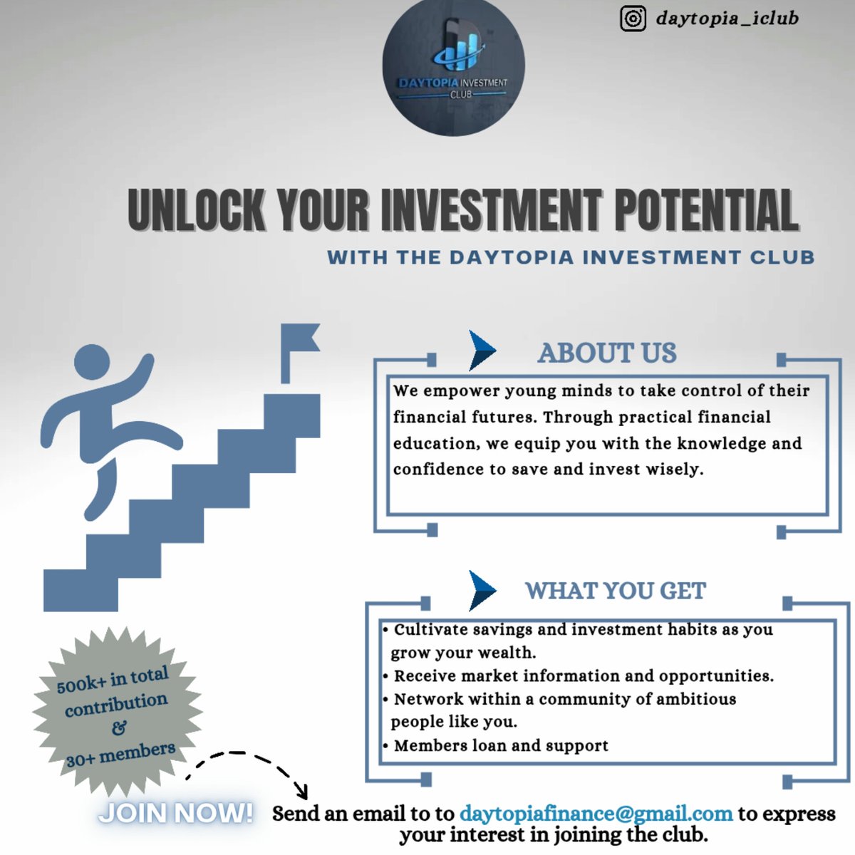 Hey Daytopians,
Following the webinar we had yesterday, if you would like to start your investment journey, you can join us at the daytopia investment club.

If you are not a daytopia, reach out now to be a part of an amazing  Network!