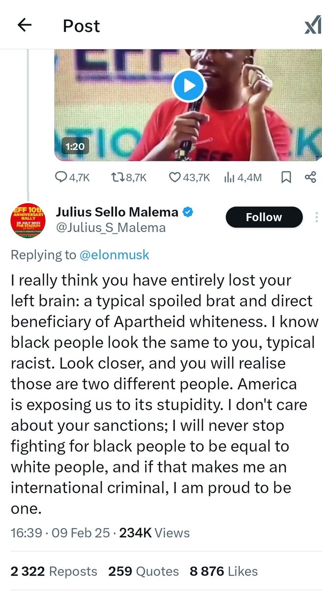 Lduga's tweet photo. Defending Julius Malema it's something that comes naturally when his attacked by foreigner "Elon musk" https://t.co/TVOUG7BbpB