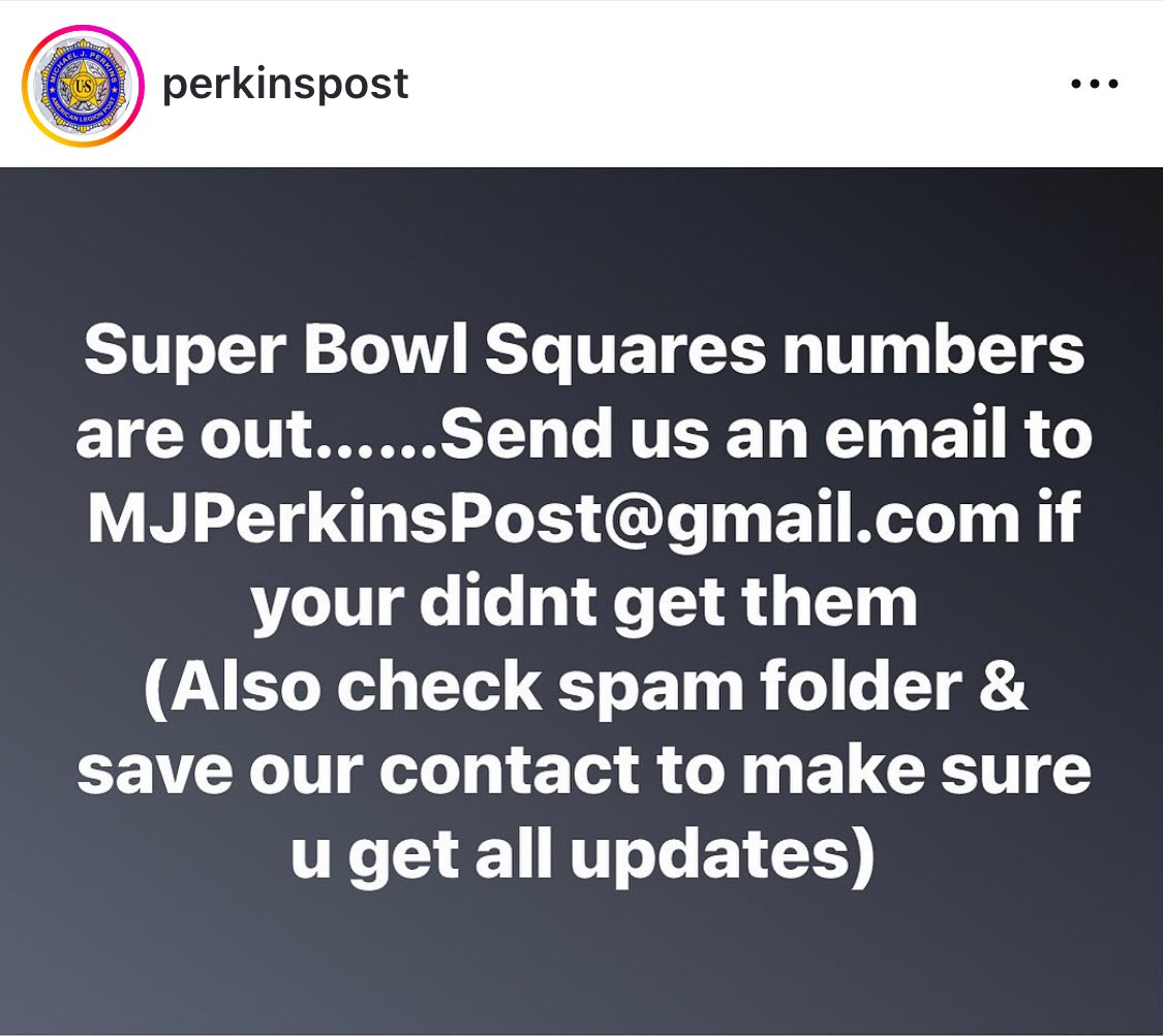 PerkinsPost's tweet image. Super Bowl Squares numbers are out……Send us an email to MJPerkinsPost@gmail.com if your didnt get them
(Also check spam folder &amp;amp; save our contact to make sure u get all updates)
