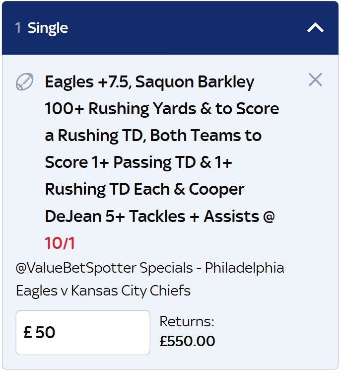 ValueBetSpotter's tweet image. 😍 SUPERBOWL 10/1 HUGE VALUE BET!

Add it straight to your betslip, here 👇
bit.ly/Superbowl10to1…

📅 Kansas City Chiefs vs Philadelphia Eagles
#SuperBowlLIX #VBSSuperbowl 

LIKE ❤️ this tweet if you’re backing this!

😮‍💨 We’ve had an amazing season on the NFL props &amp;amp; this…