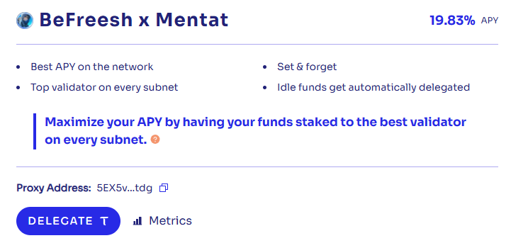 befreeshcrypto's tweet photo. Nombreux sont ceux qui hold $TAO sans les stacker, et c’est selon moi une grosse erreur !

Petit banger, avec @mentatminds on s’est associés pour vous avoir le meilleur APY possible sur $TAO (~20%), je vous explique mardi en thread comment ça fonctionne mais en gros : 

🔸Vos $TAO restent dans votre wallets Bittensor
🔸Mentat Minds s’occupe de tout 
🔸Vos $TAO sont délégués au meilleur validateur sur chaque subnets 
🔸Actuellement ~20% d’APY 

Vous avez besoin de 2 $TAO minimum pour profiter et juste laisser Mentat Minds trouver le meilleur APY, surtout avec le $DTAO qui arrive il y aura rien à faire, une fois déléguer juste profiter des meilleurs rendements ! 

Bref, vous pouvez déjà tester et déléguer via le lien en com 👇