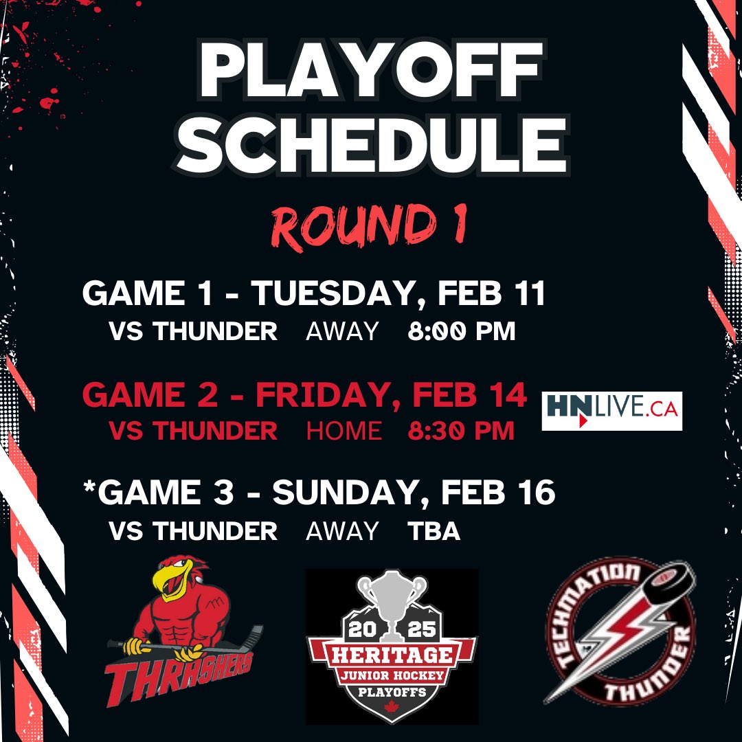 🚨 PLAYOFF SCHEDULE🚨

We are fired up to announce our first-round playoff battle against the Airdrie Thunder! We know our loyal flock will be there in Airdrie to bring the energy, and when we return to Three Hills on Friday night, let’s pack the barn and turn up the VOLUME!