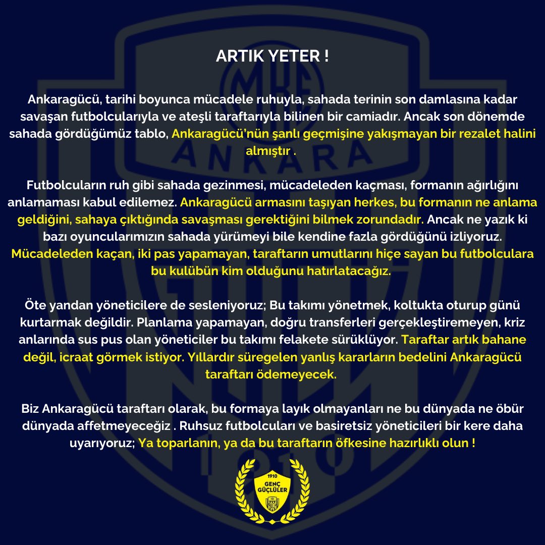 Tüm Ankaragücü kamuoyuna ; 

#Ankaragücü #GençGüçlüler